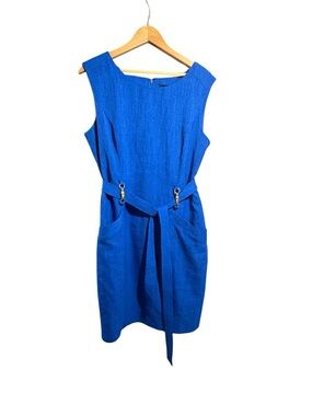Ellen Tracy Royal Blue Sleeveless Belted Sheath Midi Dress